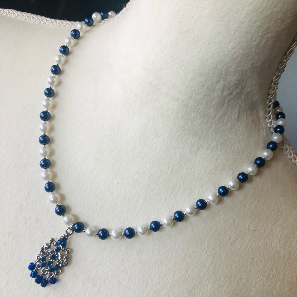 Handcrafted repurpose royal blue chandelier pendant Czech glass Pearl necklace